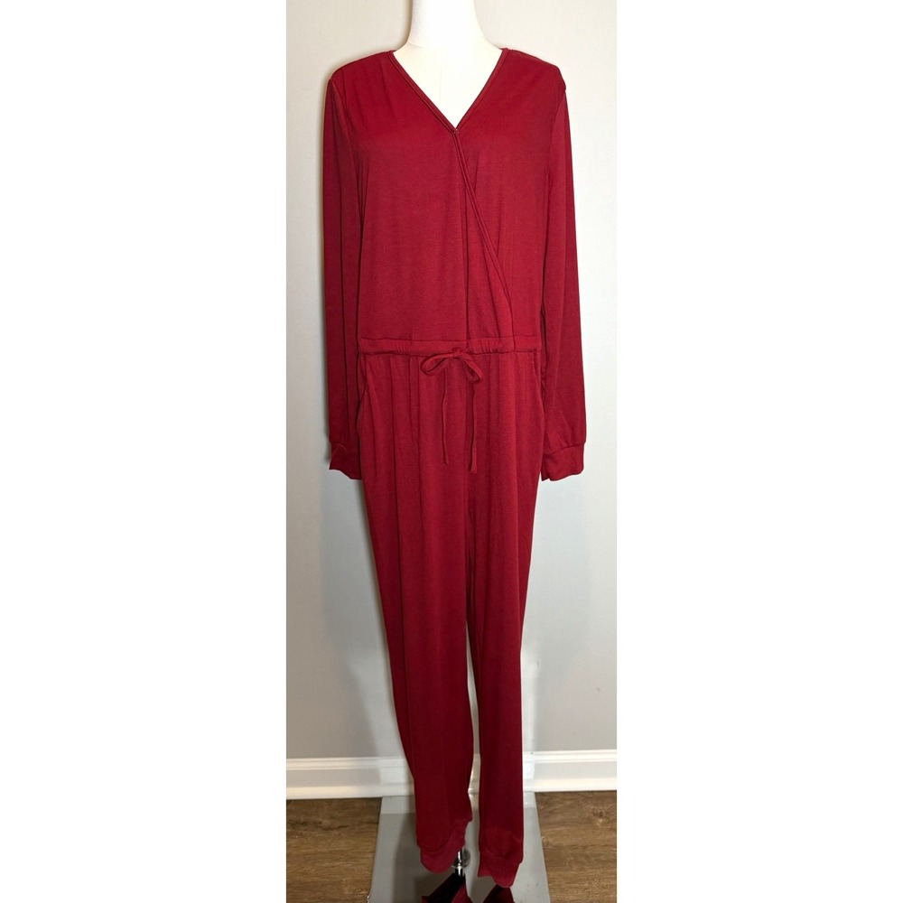 Prettygarden Red V-Neck Long Sleeve Drawstring Waist Jumpsuit Women's L Romper